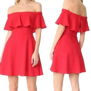 Black Halo Penelope Off-The-Shoulder Dress Fit & Flare Ruffle Pink Red Size 4
